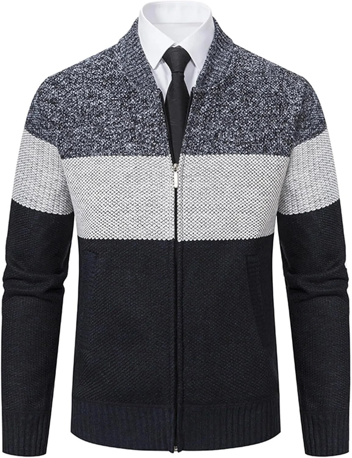 Men's Full Zip Knitted Cardigan Sweater Stand Collar Slim Fit Casual Long Sleeve Cable Knit Sweater with Pockets