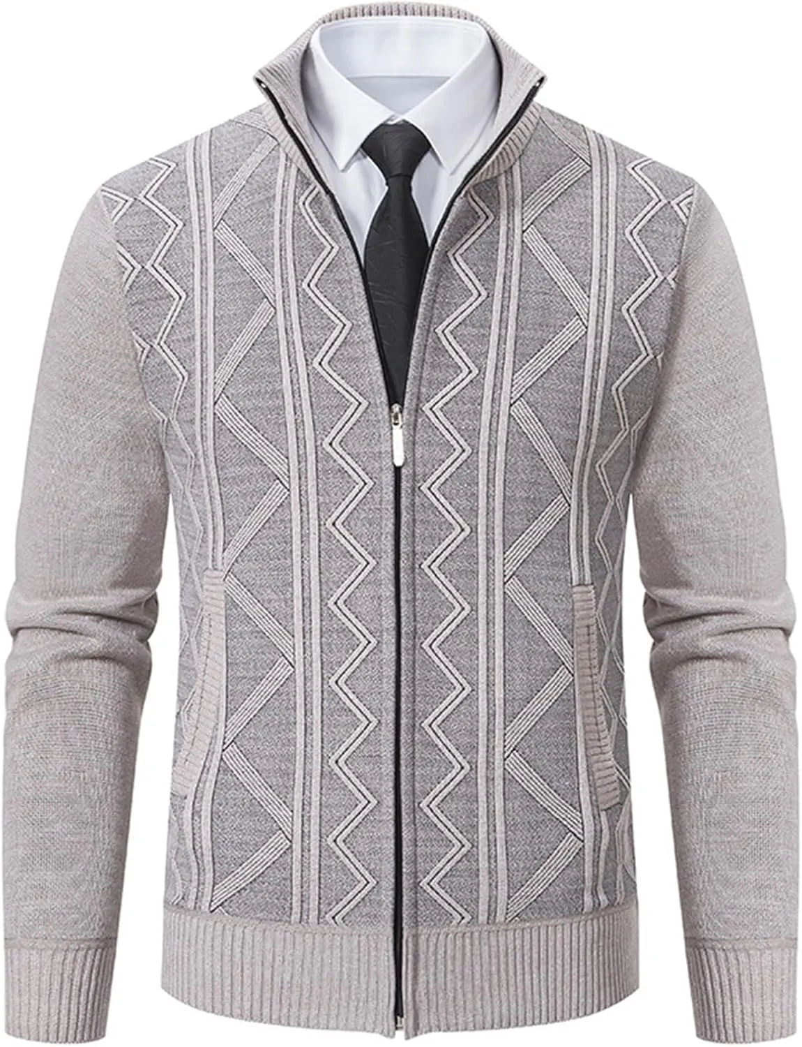 Men's Full Zip Knitted Cardigan Sweater Stand Collar Slim Fit Casual Long Sleeve Cable Knit Sweater with Pockets