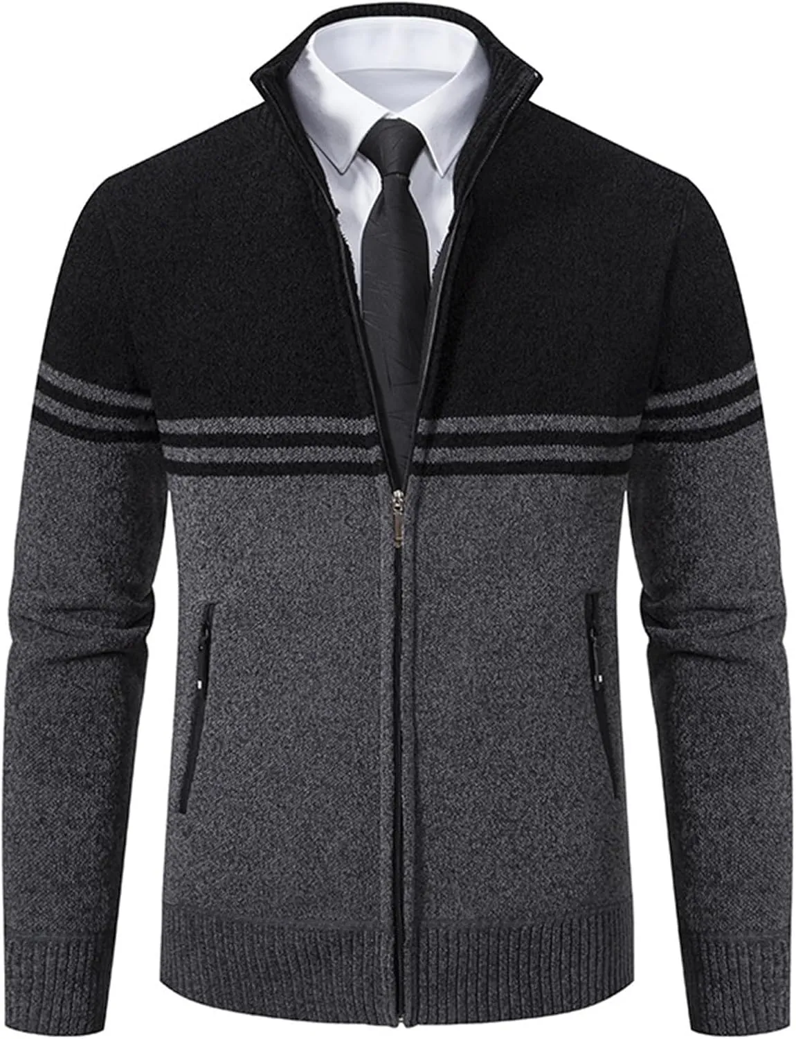 Men's Full Zip Knitted Cardigan Sweater Stand Collar Slim Fit Casual Long Sleeve Cable Knit Sweater with Pockets