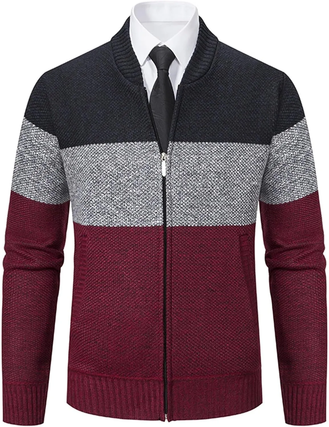 Men's Full Zip Knitted Cardigan Sweater Stand Collar Slim Fit Casual Long Sleeve Cable Knit Sweater with Pockets
