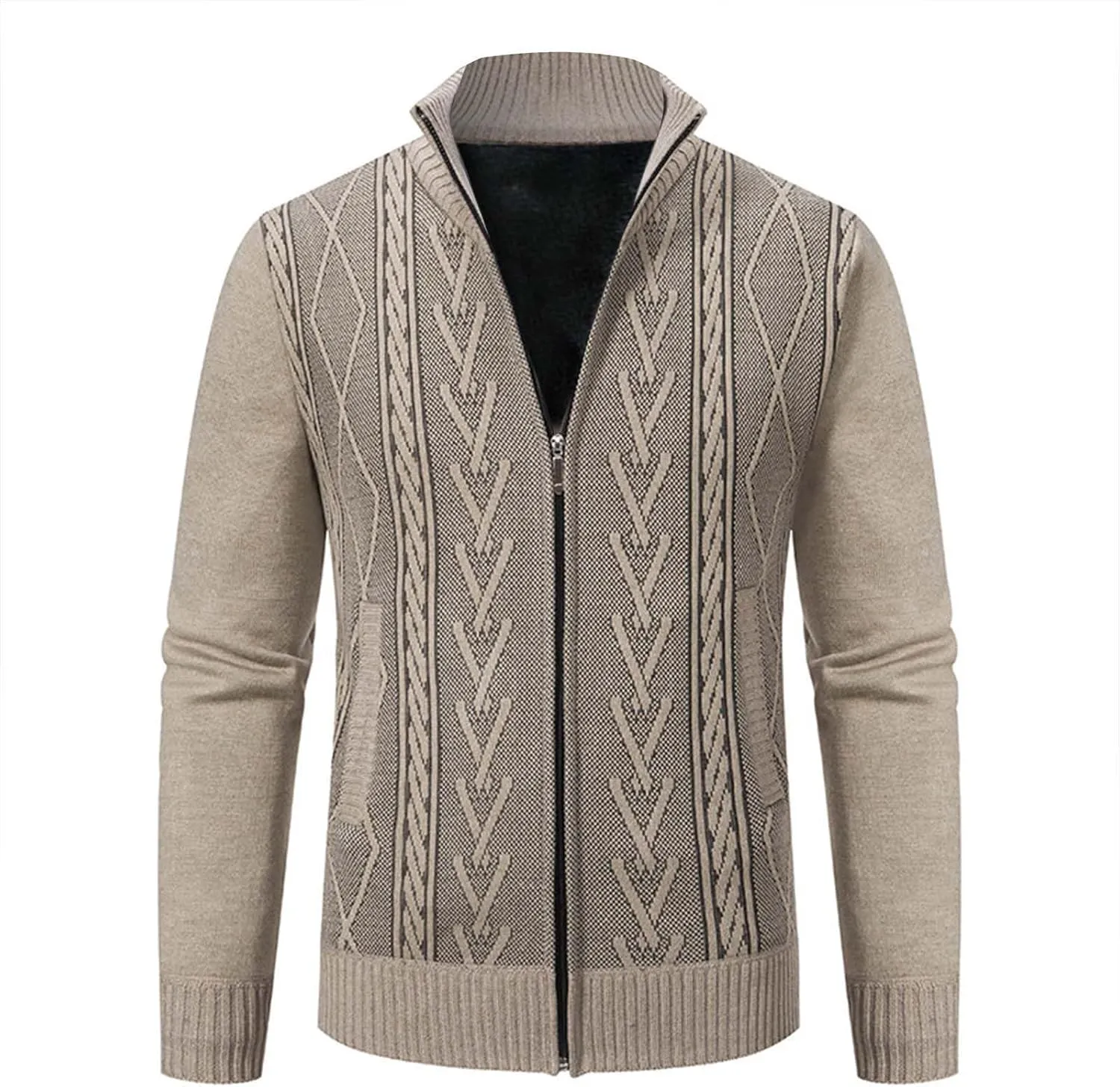 Men's Full Zip Knitted Cardigan Sweater Stand Collar Slim Fit Casual Long Sleeve Cable Knit Sweater with Pockets