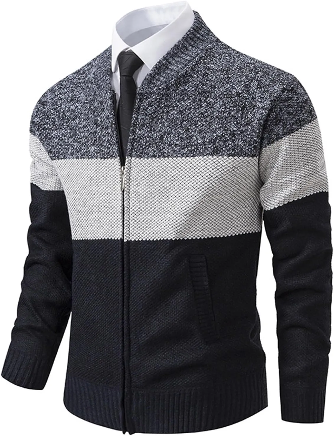 Men's Full Zip Knitted Cardigan Sweater Stand Collar Slim Fit Casual Long Sleeve Cable Knit Sweater with Pockets