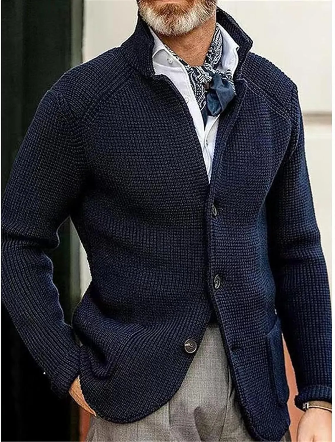 Men's Open Front Stand Collar Sweaters Slim Fit Button Down Cardigan Knitwear with Pockets