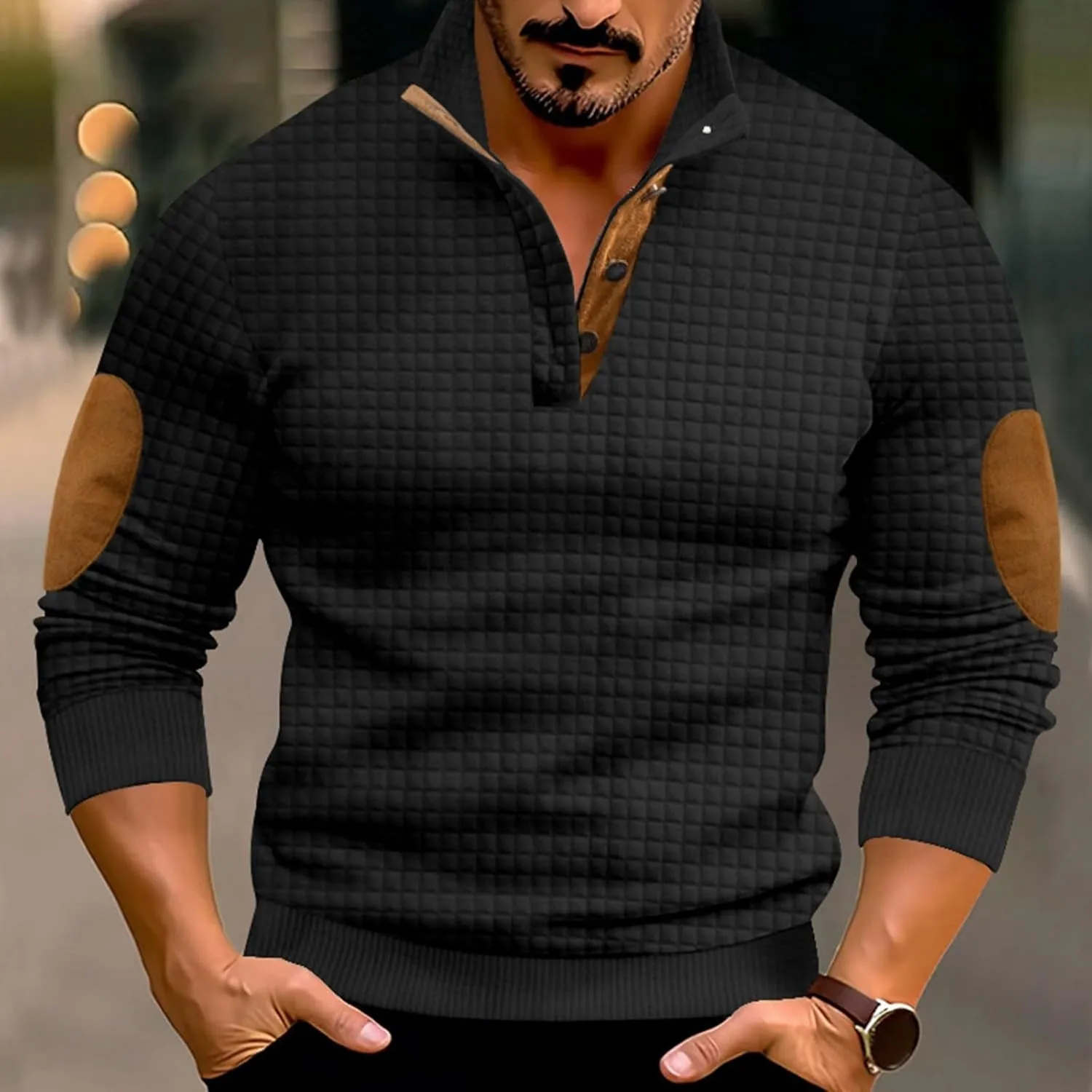Men's Quarter Button Pullover Long Sleeve Casual Polo Sweatshirt Slim Fit V Neck Sweatshirt Sweaters Basic Tees Tops
