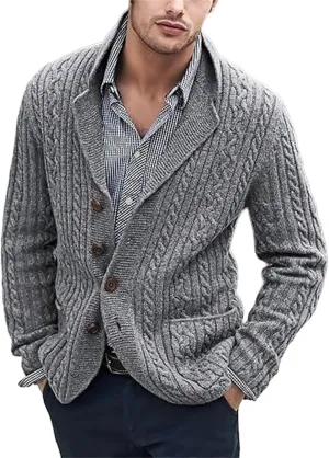 Men's Shawl Collar Sweater Cardigans Casual Cable Knit Button Down Winter Chunky Ribbed Sweaters
