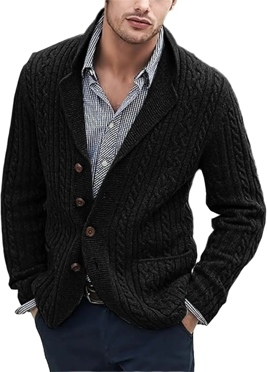 Men's Shawl Collar Sweater Cardigans Casual Cable Knit Button Down Winter Chunky Ribbed Sweaters