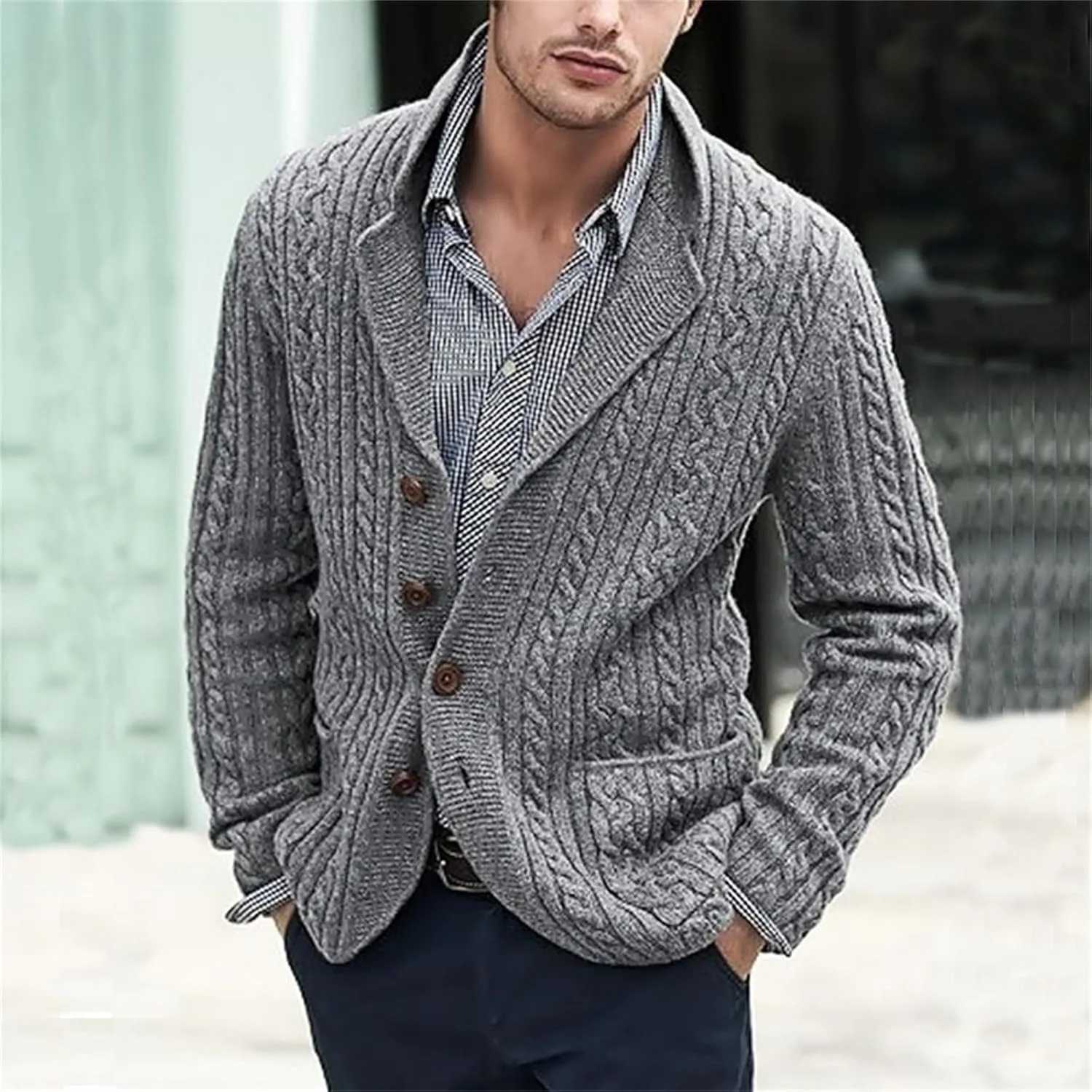 Men's Shawl Collar Sweater Cardigans Casual Cable Knit Button Down Winter Chunky Ribbed Sweaters