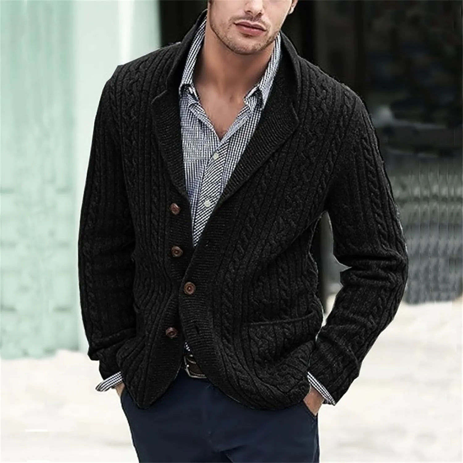 Men's Shawl Collar Sweater Cardigans Casual Cable Knit Button Down Winter Chunky Ribbed Sweaters