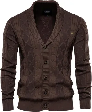 Men's Shawl Collar Sweaters Button Down Cable Knitted Casual Long Sleeve Sweater Cardigan
