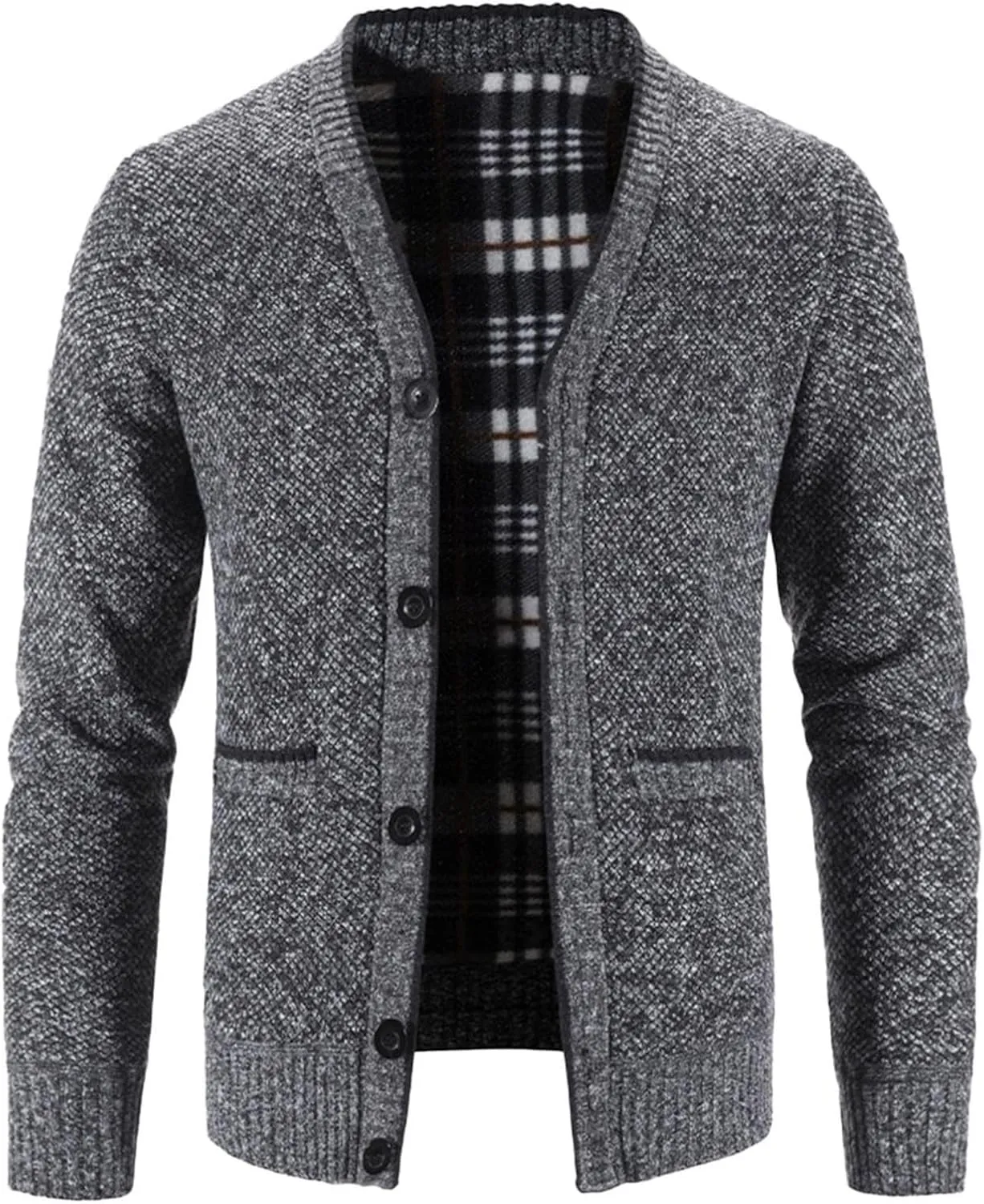 Men's V Neck Cardigan Sweaters Slim Fit Button Up Knitwear Fleece Long Sleeve Ribbed Sweater Jacket