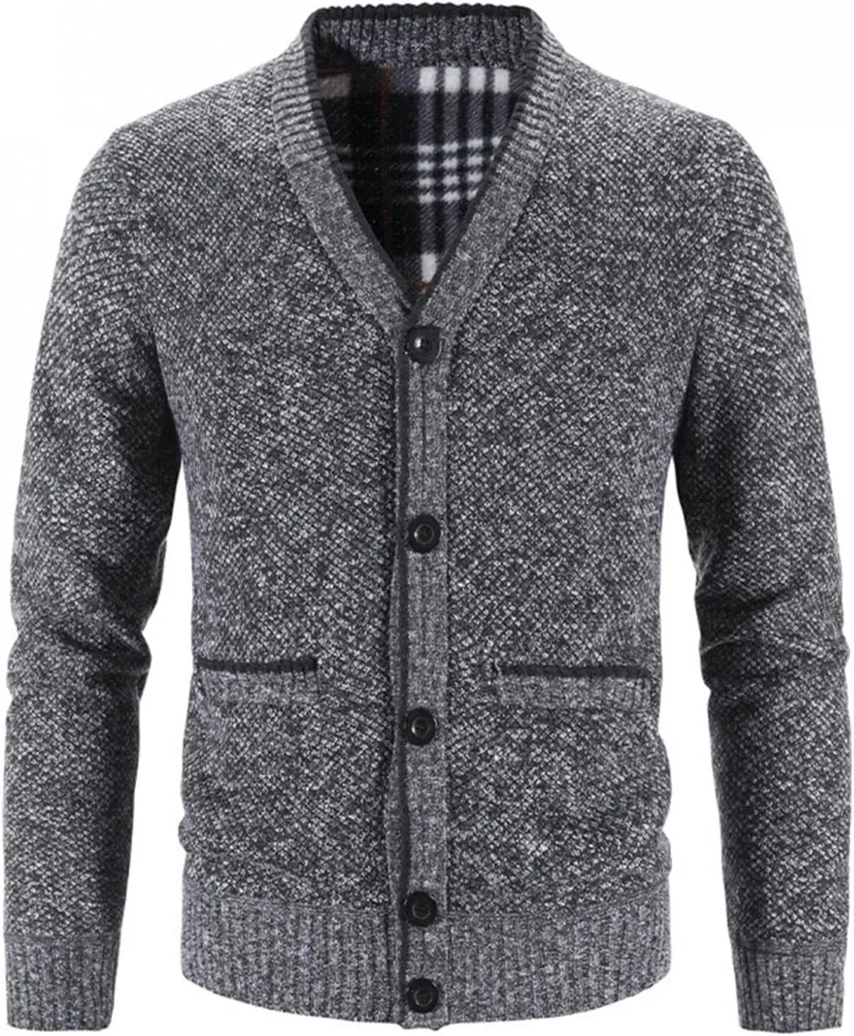 Men's V Neck Cardigan Sweaters Slim Fit Button Up Knitwear Fleece Long Sleeve Ribbed Sweater Jacket