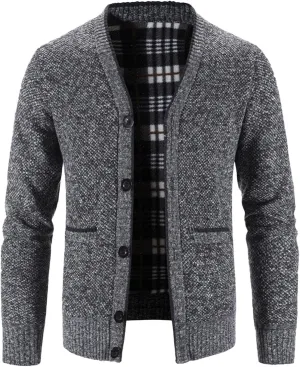 Men's V Neck Cardigan Sweaters Slim Fit Button Up Knitwear Fleece Long Sleeve Ribbed Sweater Jacket