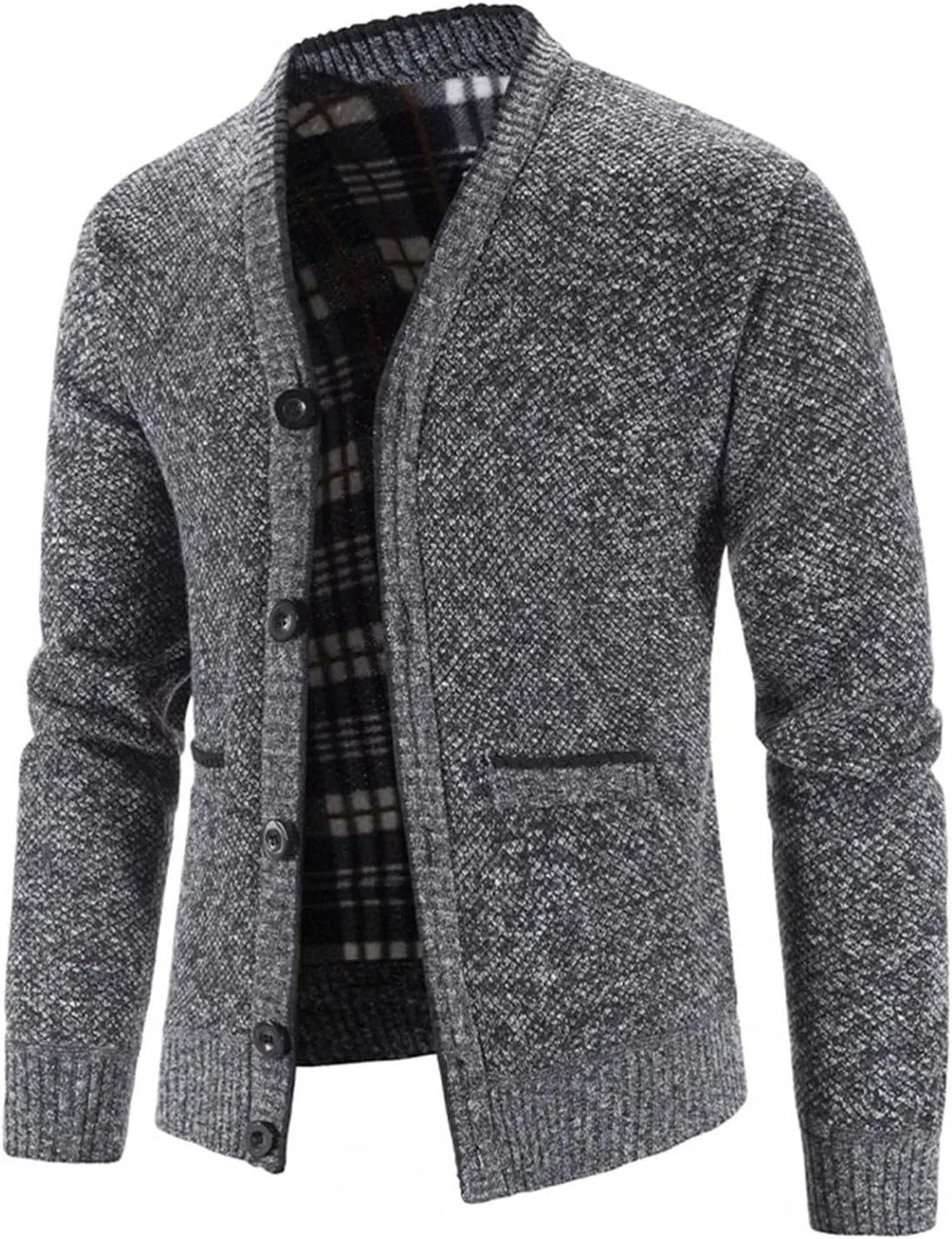 Men's V Neck Cardigan Sweaters Slim Fit Button Up Knitwear Fleece Long Sleeve Ribbed Sweater Jacket