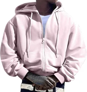 Men's Zip Up Hoodies Drawstring Sweatshirt Long Sleeve Lounge Cardigan Comfy Soft Solid Color Tops with Pocket