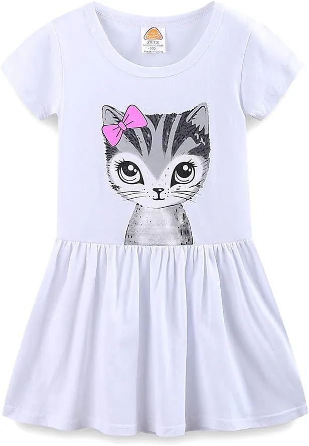 Mud Kingdom Little Girls Dresses Cotton Summer Holiday Cute Cat Dress Short Sleeve