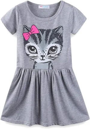 Mud Kingdom Little Girls Dresses Cotton Summer Holiday Cute Cat Dress Short Sleeve