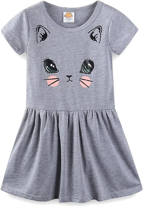 Mud Kingdom Little Girls Dresses Cotton Summer Holiday Cute Cat Dress Short Sleeve