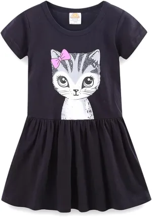 Mud Kingdom Little Girls Dresses Cotton Summer Holiday Cute Cat Dress Short Sleeve