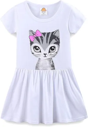 Mud Kingdom Little Girls Dresses Cotton Summer Holiday Cute Cat Dress Short Sleeve
