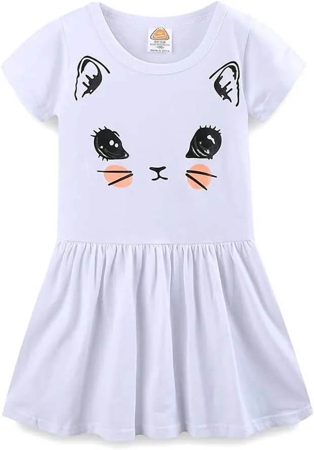 Mud Kingdom Little Girls Dresses Cotton Summer Holiday Cute Cat Dress Short Sleeve