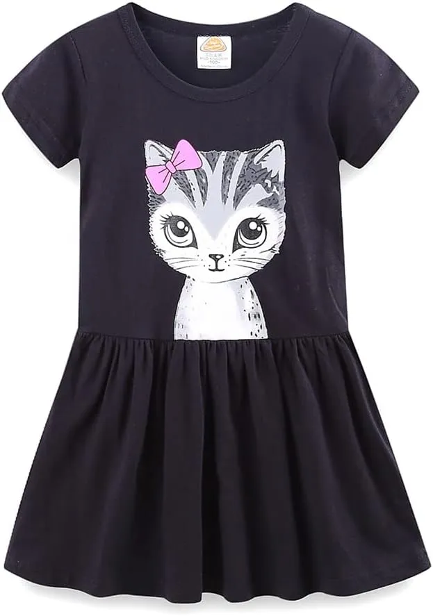 Mud Kingdom Little Girls Dresses Cotton Summer Holiday Cute Cat Dress Short Sleeve