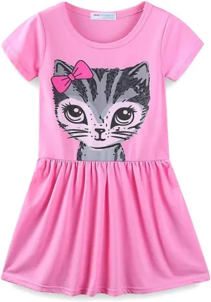 Mud Kingdom Little Girls Dresses Cotton Summer Holiday Cute Cat Dress Short Sleeve