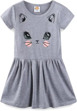 Mud Kingdom Little Girls Dresses Cotton Summer Holiday Cute Cat Dress Short Sleeve