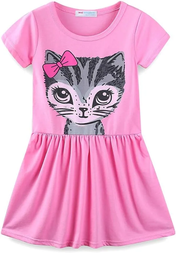 Mud Kingdom Little Girls Dresses Cotton Summer Holiday Cute Cat Dress Short Sleeve