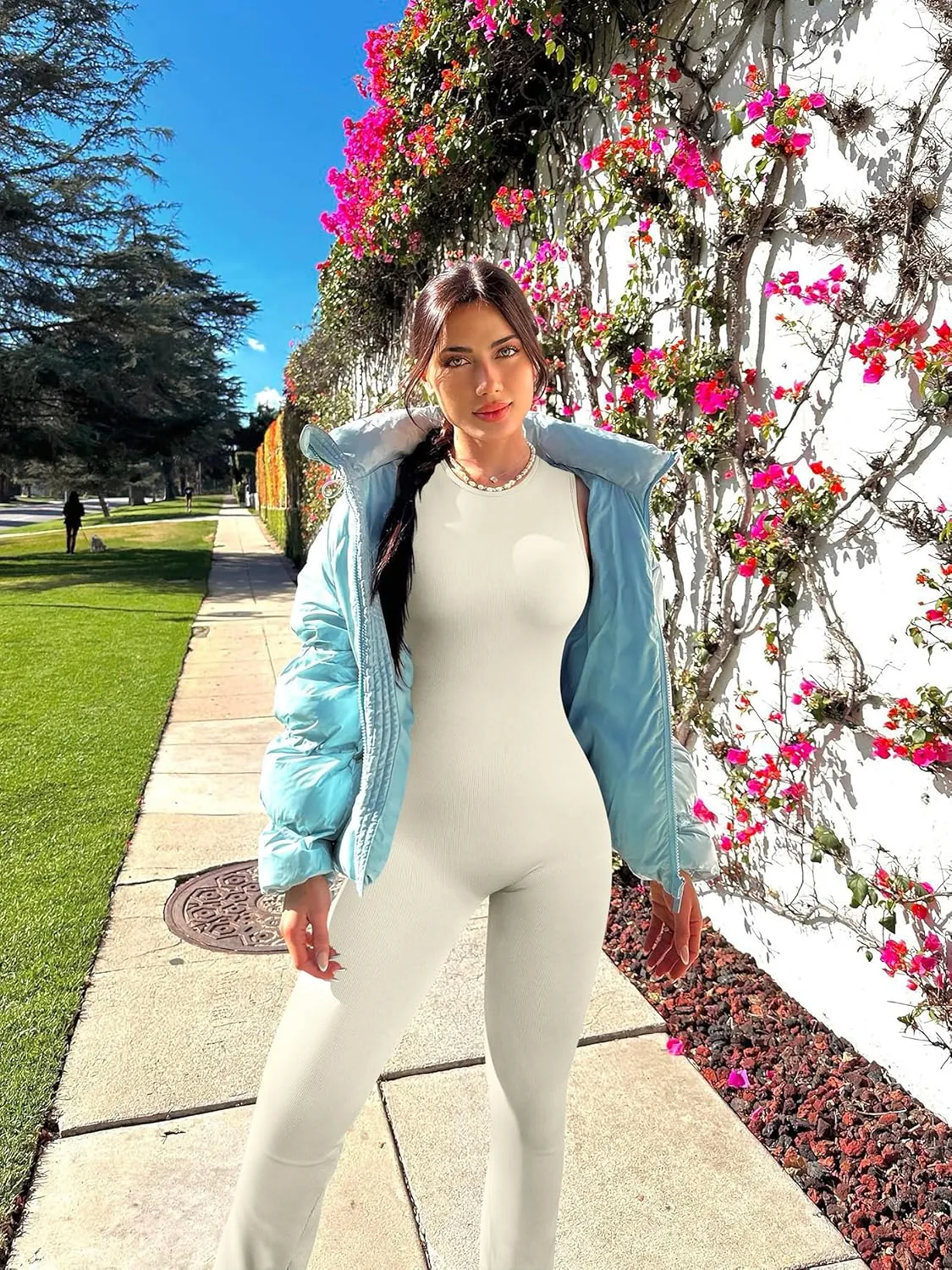 OQQ Women Yoga Jumpsuits Ribbed Crew Neck Sleeveless Bell Bottoms Flare Jumpsuits