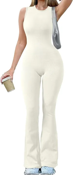 OQQ Women Yoga Jumpsuits Ribbed Crew Neck Sleeveless Bell Bottoms Flare Jumpsuits