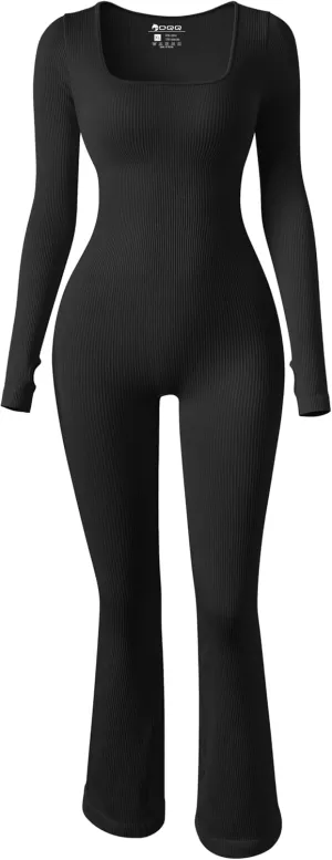 OQQ Women Yoga Jumpsuits Ribbed Exercise Long Sleeve Tops Bell Bottoms Flare Jumpsuits