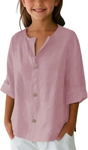 Oversiezed 3/4 Sleeve V Neck Linen Shirts for Girls Loose Vacation Tops Beach Blouses Solid Tunic Tees Teens Tops