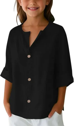 Oversiezed 3/4 Sleeve V Neck Linen Shirts for Girls Loose Vacation Tops Beach Blouses Solid Tunic Tees Teens Tops