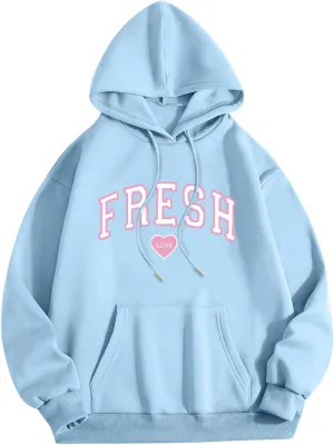 Oversized Hoodies for Women Men Fresh Love Pink Letter Graphic Drawstring Pocket Hooded Sweatshirt Comfort Hoodie