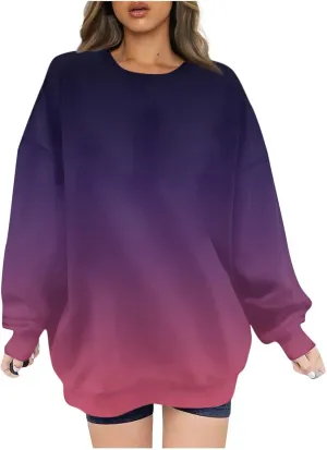 Oversized Sweatshirt for Women Gradient Color Tie-Dye Print Casual Crewneck Sweater Tops Loose Fit Long Sleeve Clothes