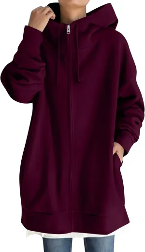 Oversized Zip Up Hoodies for Women Plus Size Long Sleeve Hooded Sweatshirt Casual Fall Long Fleece Jacket with Pockets