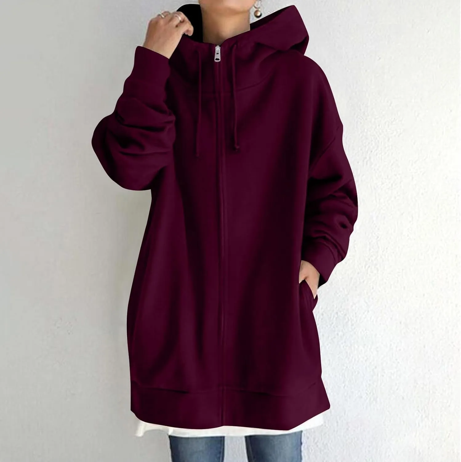 Oversized Zip Up Hoodies for Women Plus Size Long Sleeve Hooded Sweatshirt Casual Fall Long Fleece Jacket with Pockets