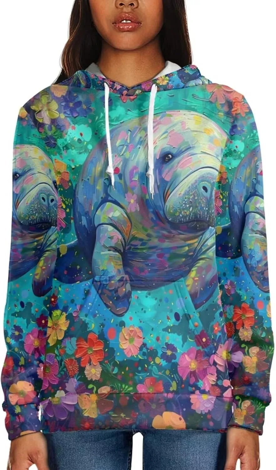 PinUp Angel Women Pullover Hoodie Artistic Animal Oil Painting Graphic Sweatshirt Teen Girls Streetwear with Pockets