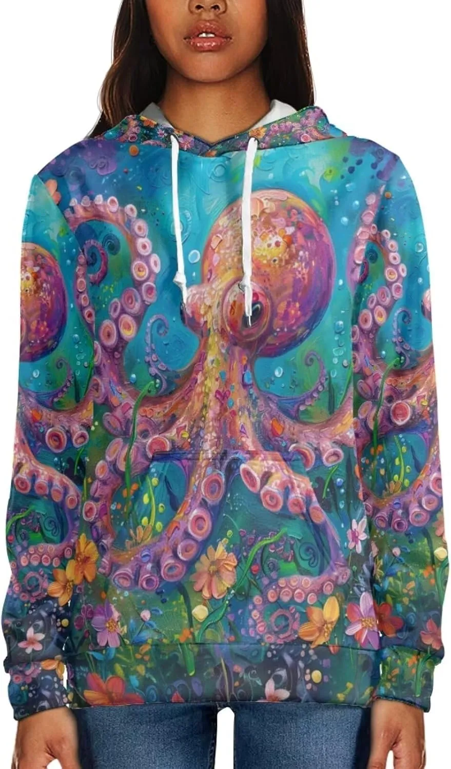 PinUp Angel Women Pullover Hoodie Artistic Animal Oil Painting Graphic Sweatshirt Teen Girls Streetwear with Pockets
