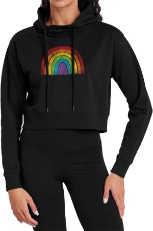 Popfunk Distressed Rainbow Women's Cropped Hoodie Pullover Sweatshirt