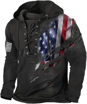 PORCLAY Men's American Flag Hoodie Outdoor Military Tactical Hooded Sweatshirt Graphic Printed Laceup Pullover Shirt