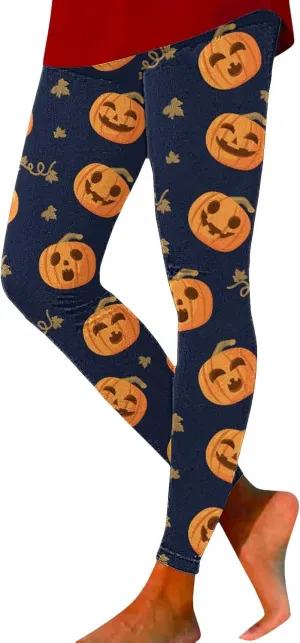 Pumpkin Head Stripes Print Slim Halloween Leggings Halloween Print High Waist Long Halloween Leggings for Women
