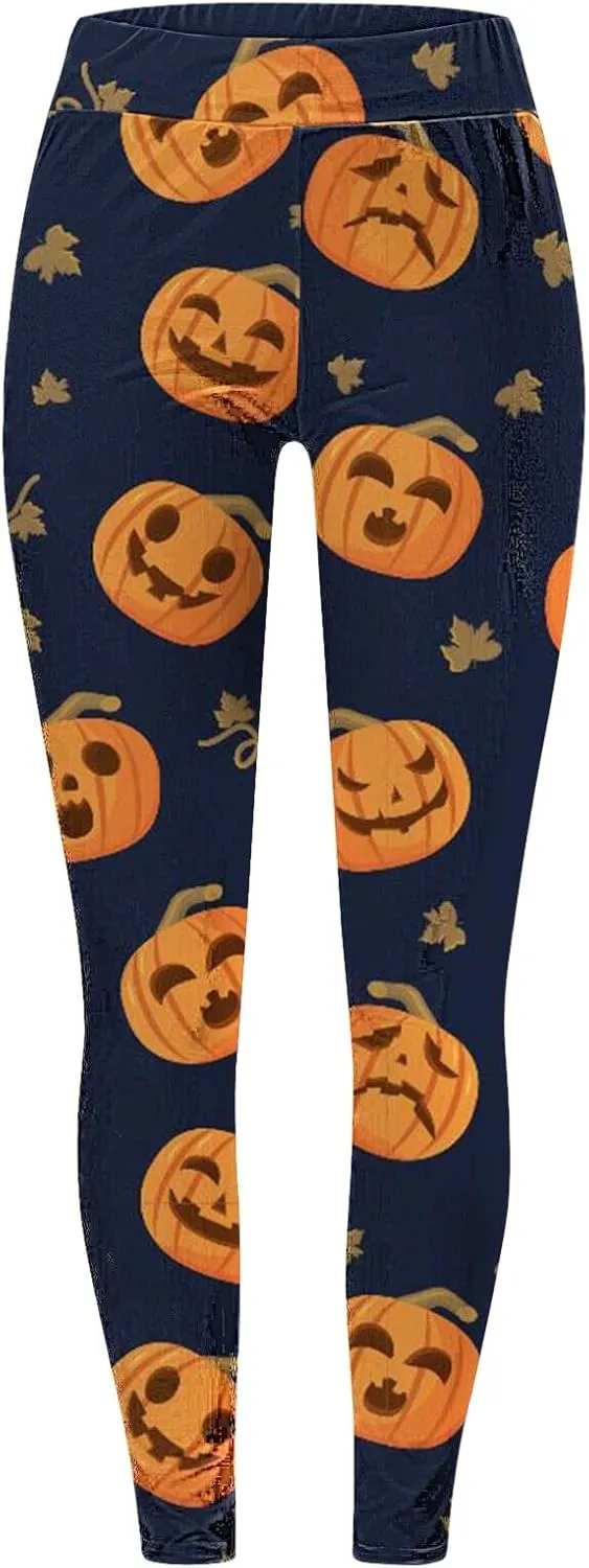 Pumpkin Head Stripes Print Slim Halloween Leggings Halloween Print High Waist Long Halloween Leggings for Women