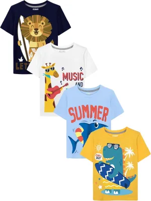 QWE Toddler Boys Short Sleeve Shirts 4-Pack Cotton Summer T-Shirts Cartoon Graphic Tops Tees 18 Months to 5T