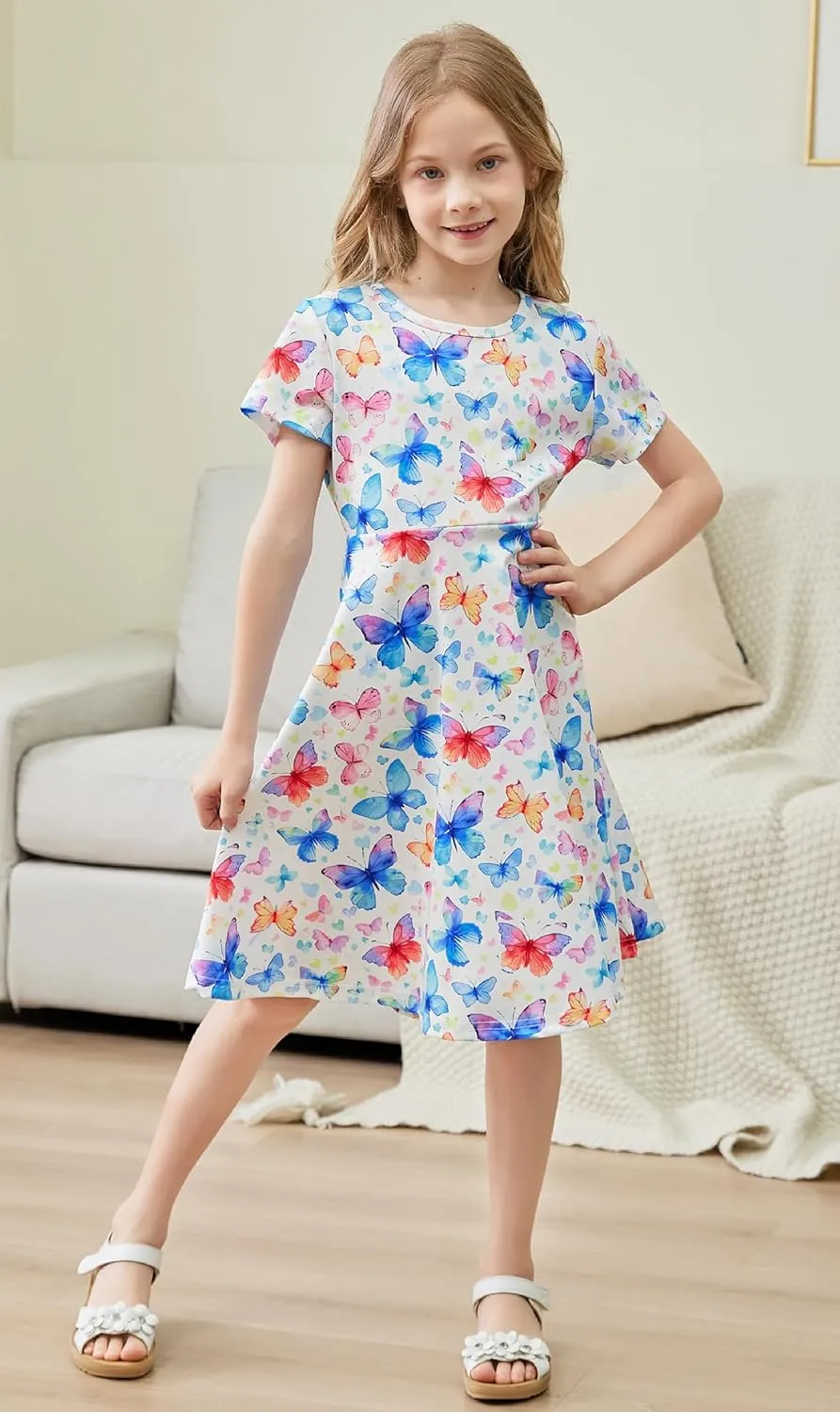 RAISEVERN Toddler Girls Dresses Short Sleeve Casual Midi Sundress 4-9T