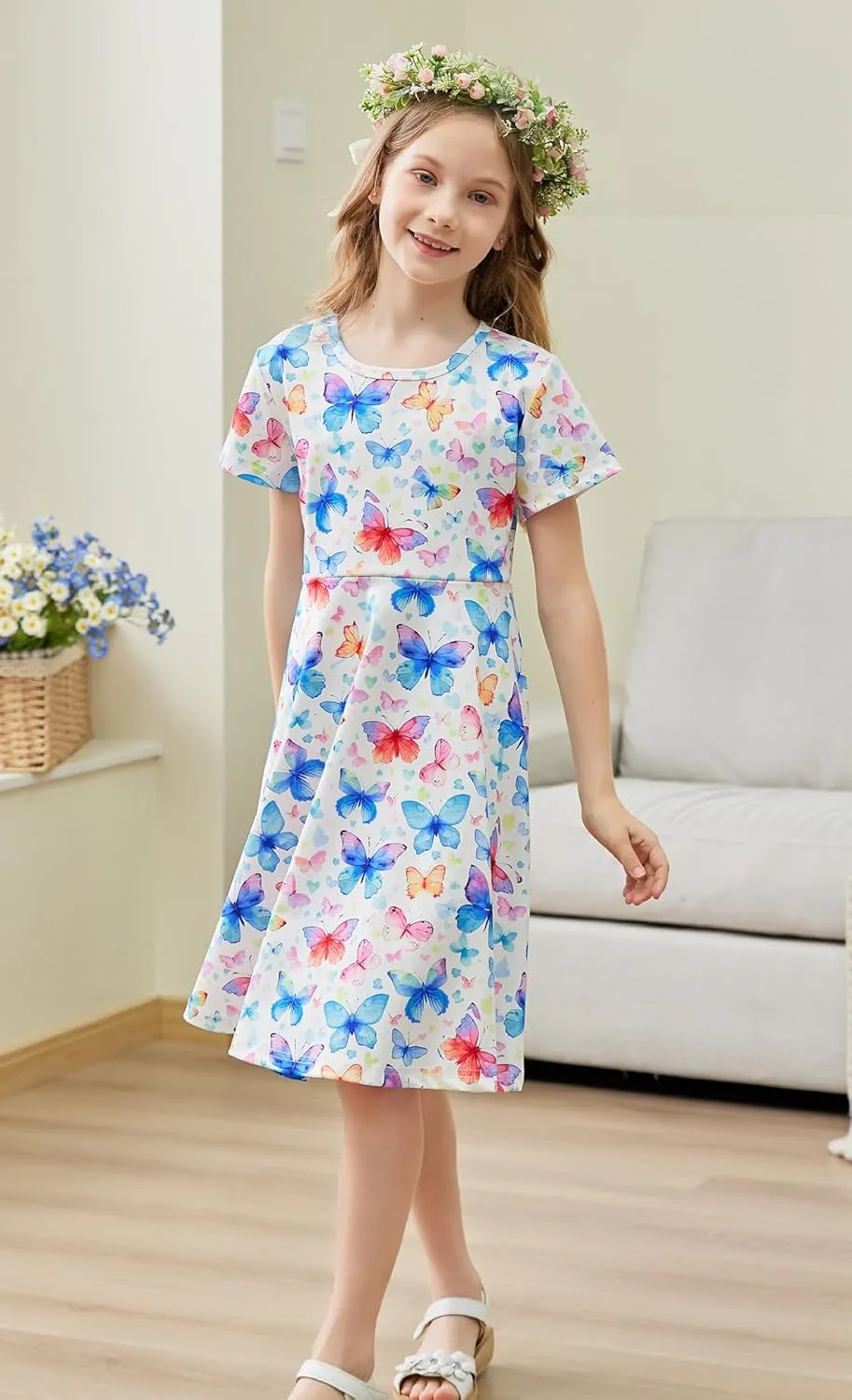 RAISEVERN Toddler Girls Dresses Short Sleeve Casual Midi Sundress 4-9T