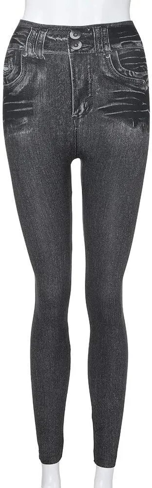 Ruziyoog Women's Stretch Faux Denim Leggings with Pockets Tummy Control Pull on High Waisted Skinny Jean Leggings