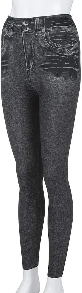 Ruziyoog Women's Stretch Faux Denim Leggings with Pockets Tummy Control Pull on High Waisted Skinny Jean Leggings