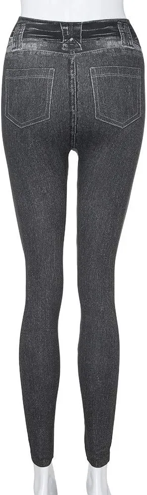 Ruziyoog Women's Stretch Faux Denim Leggings with Pockets Tummy Control Pull on High Waisted Skinny Jean Leggings