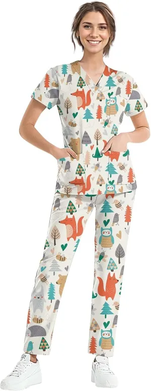 Scrubs Set with Pockets for Women V-Neck Scrub Top & Cargo Pants Fun Nursing Uniform Stretch Set Yoga Waistband
